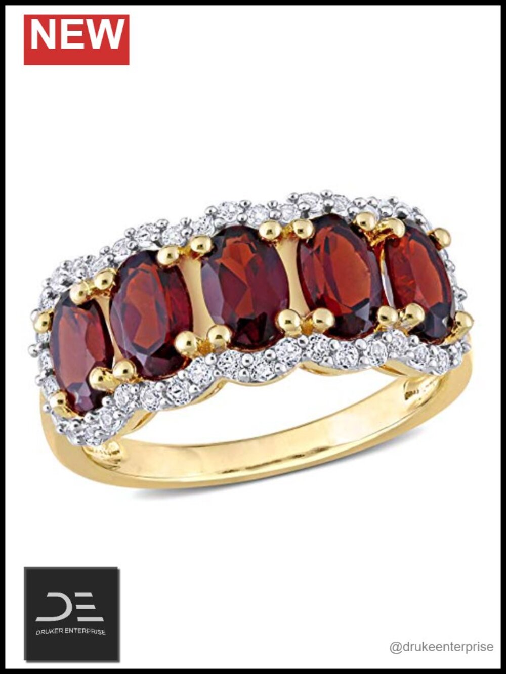 Sterling Silver Oval Garnet & White Topaz Wide Band Ring Size 9